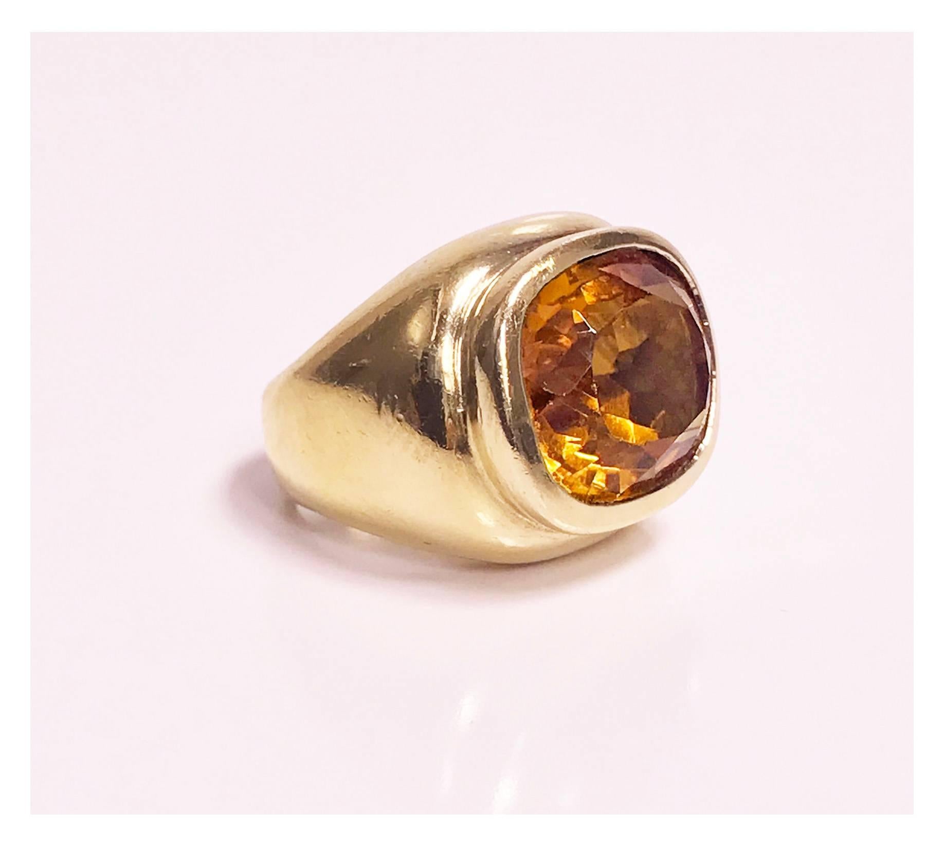 French custom Citrine 18K on silver Ring, C.1970 maker's mark Ste C and IC in lozenge with Minerva mark for mixed metals. Fine Reddish orange cushion cut bezel Citrine gauging 17.5 x 15.5 x 10 mm, approximately 16.00 cts,  Ring size: 7. Item Weight: