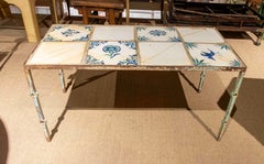 1970s French Coffee Table with Painted Tiles and Wrought Iron