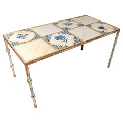 1970s French Coffee Table with Painted Tiles and Wrought Iron