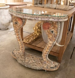 1970s French Conch Studded Console Table w/ Elephant Head Feet & Glass Top