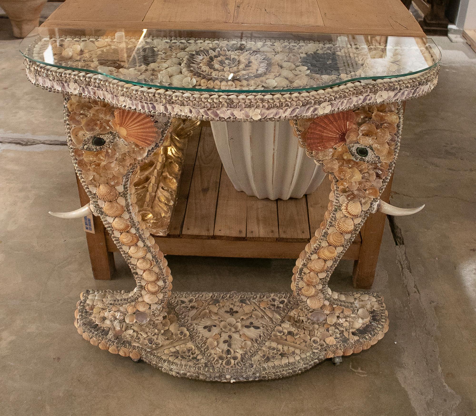 20th Century 1970s French Conch Studded Console Table w/ Elephant Head Feet & Glass Top