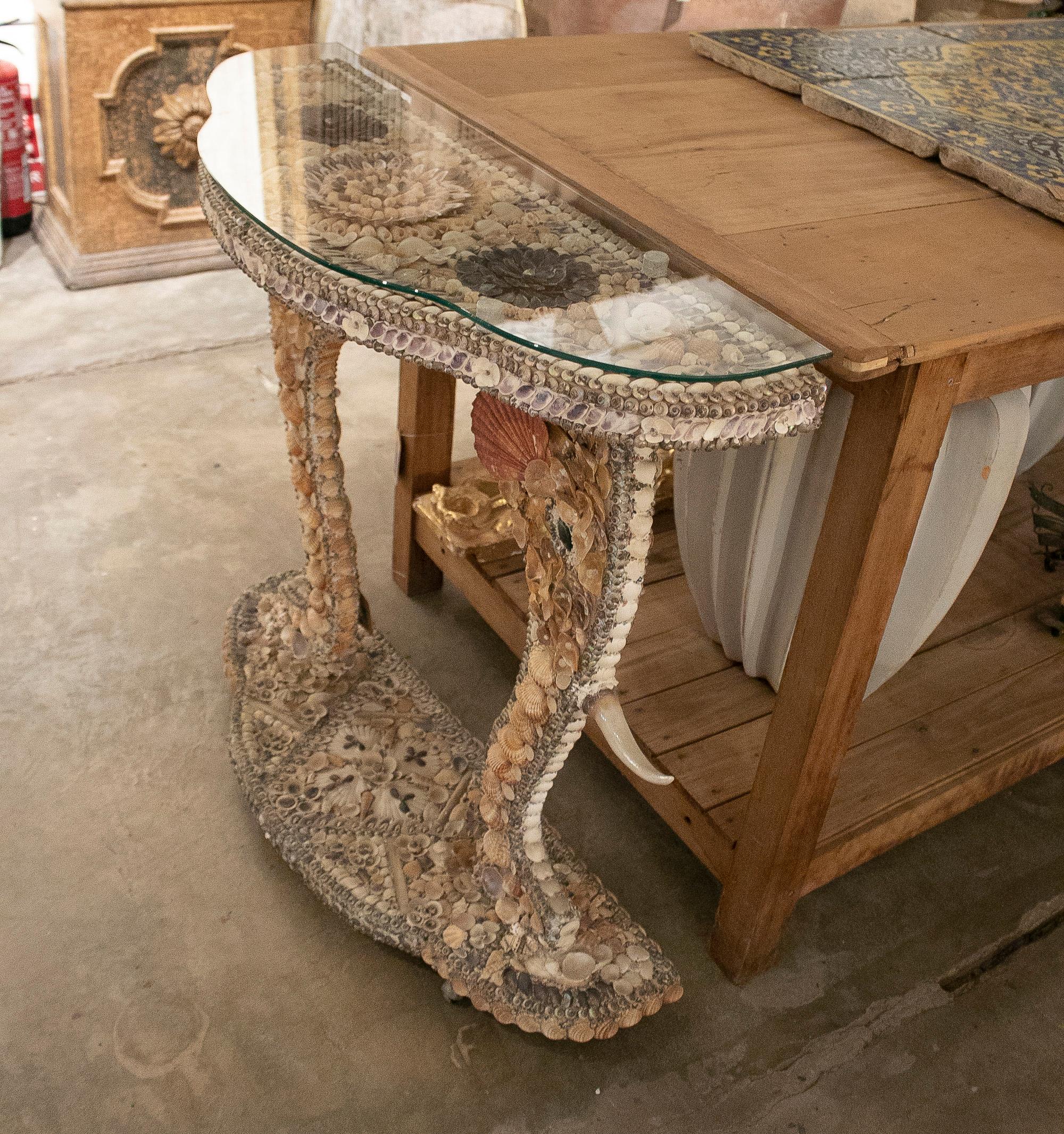1970s French Conch Studded Console Table w/ Elephant Head Feet & Glass Top 1