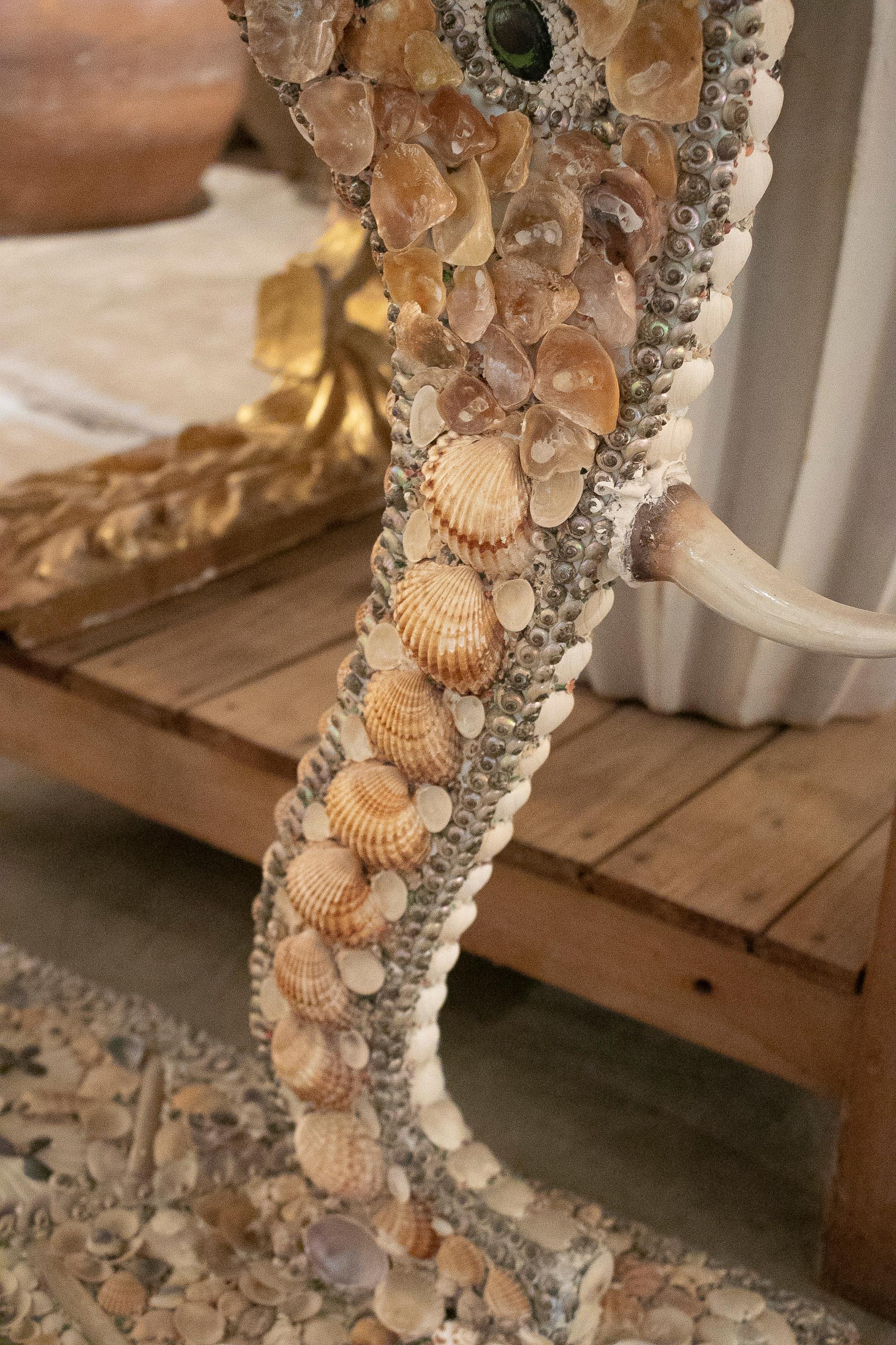 1970s French Conch Studded Console Table w/ Elephant Head Feet & Glass Top 3