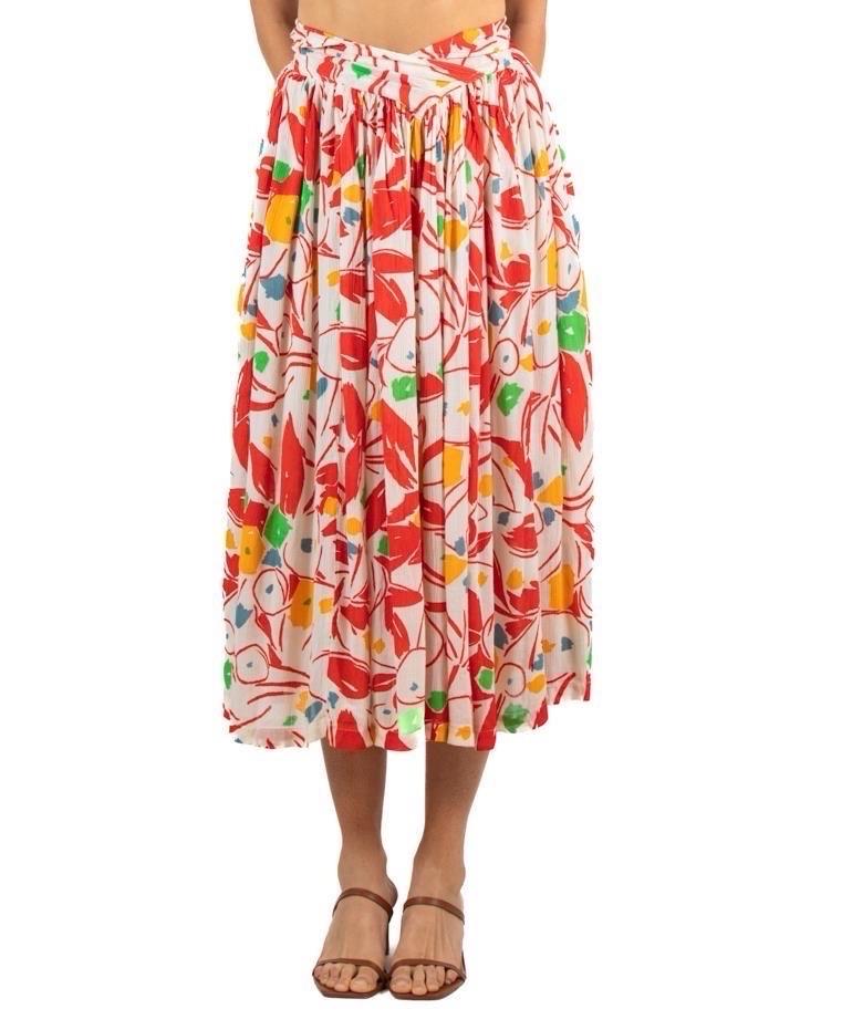 Beige 1970S French Connection Red & White Rayon Tropical Print Skirt For Sale