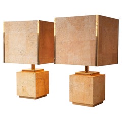 1970s French Cork Veneer Table Lamps with Gilt Brass Accents