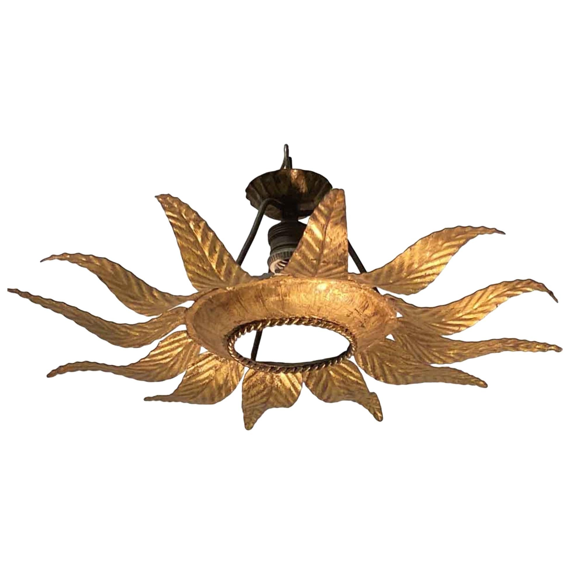 1970s Star Burst Pendant Light French Country Hand Hammered Gold Leaf