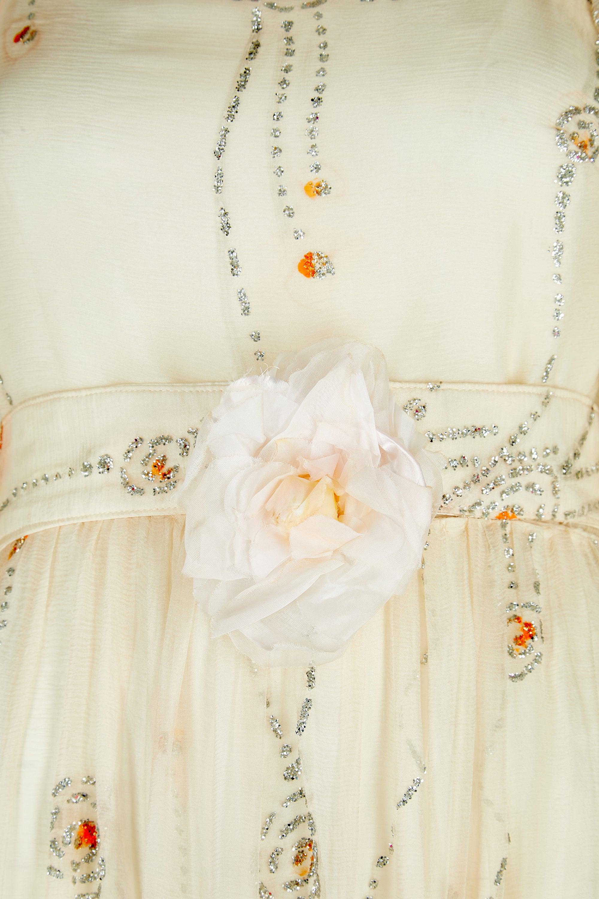 Women's 1970s French Couture Cream Silver Glitter Chiffon Maxi Dress For Sale