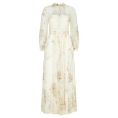 1970s French Couture Cream Silver Glitter Chiffon Maxi Dress