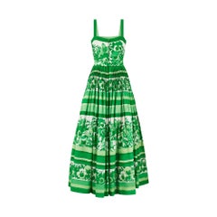 1970s French Couture Green and White Floral Cotton Maxi Dress