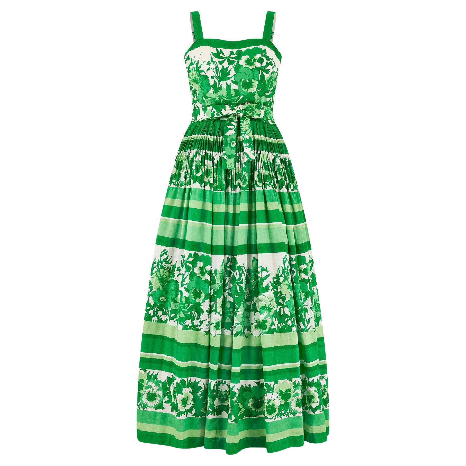 1970er French Couture Maxikleid aus grün-weiß geblümter Baumwolle