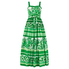 1970er French Couture Maxikleid aus grün-weiß geblümter Baumwolle
