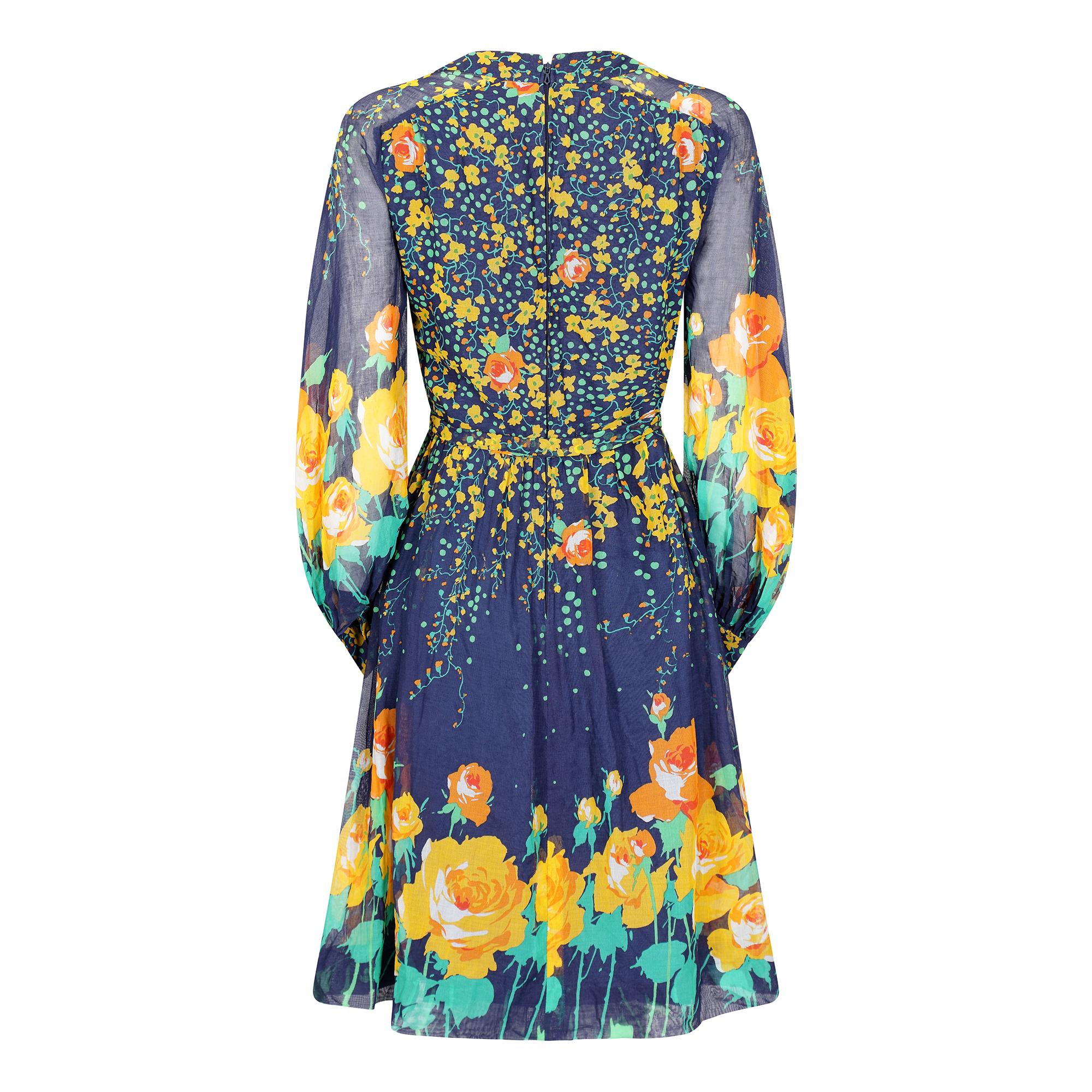 Black 1970s French Couture Navy Rose Print Dress For Sale