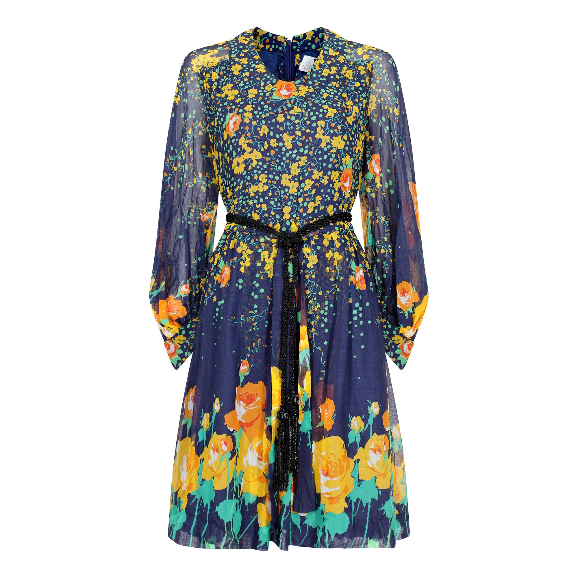 1970s French Couture Navy Rose Print Dress In Excellent Condition For Sale In London, GB