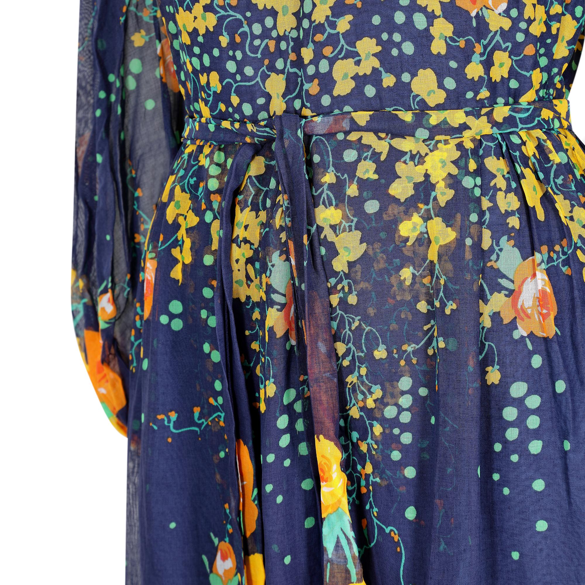 Women's 1970s French Couture Navy Rose Print Dress For Sale