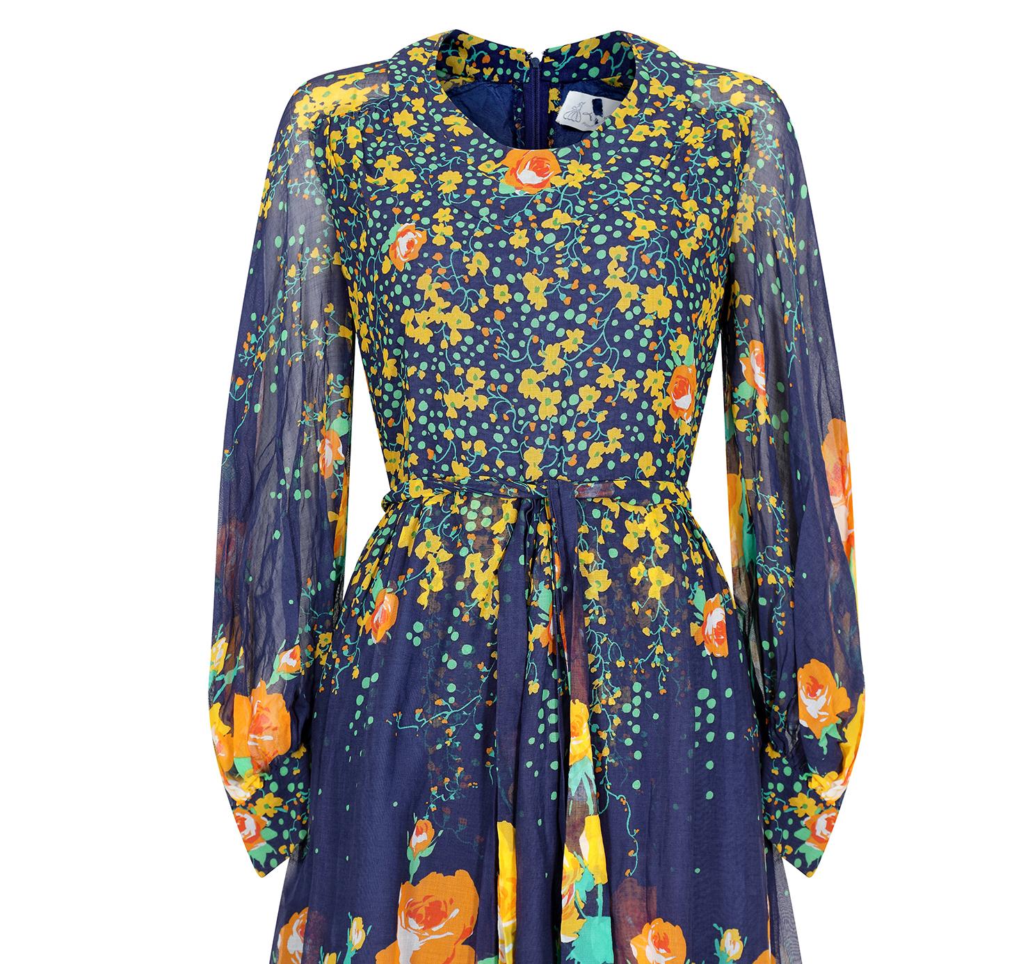 1970s French Couture Navy Rose Print Dress For Sale 1
