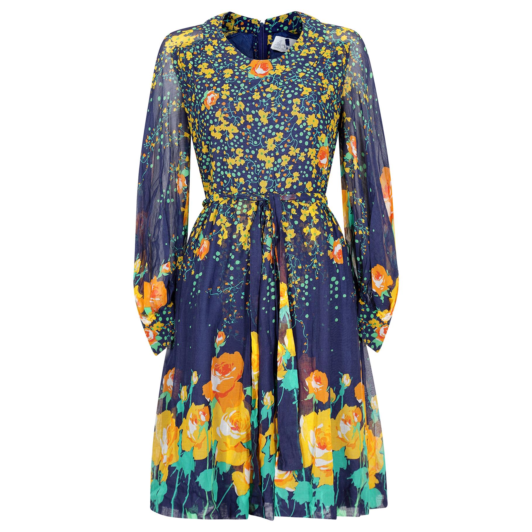 1970s French Couture Navy Rose Print Dress For Sale