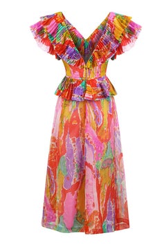 1970s French Couture Pleated Organza Dress with Ruffle Neckline