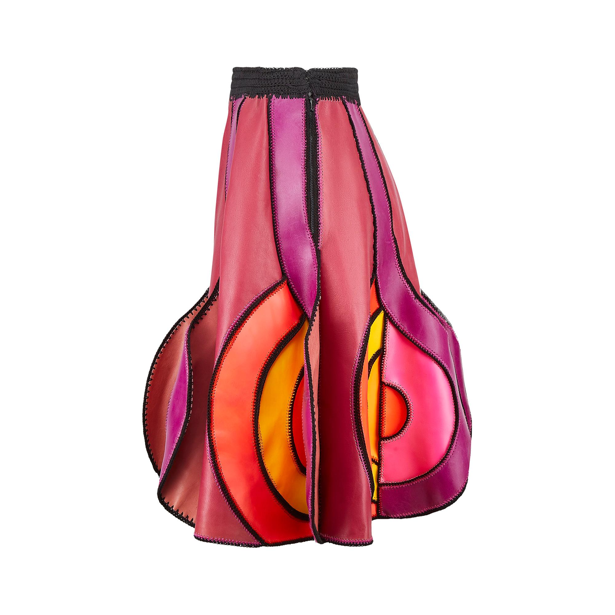 Pink 1970s French Couture Psychedelic Leather Skirt