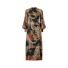 1970s French Couture Silk Paisley and Gold Lame Maxi Dress