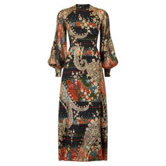 1970s French Couture Silk Paisley and Gold Lame Maxi Dress