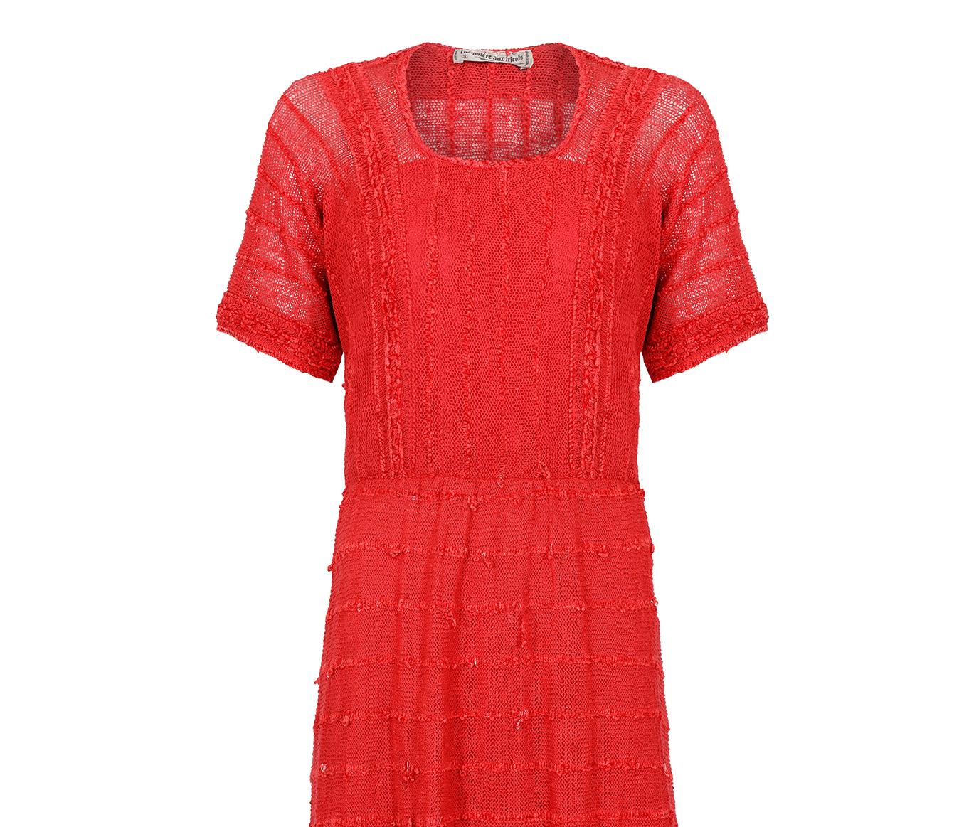 1970s French Crochet and Chenille Red Knit Dress For Sale 1
