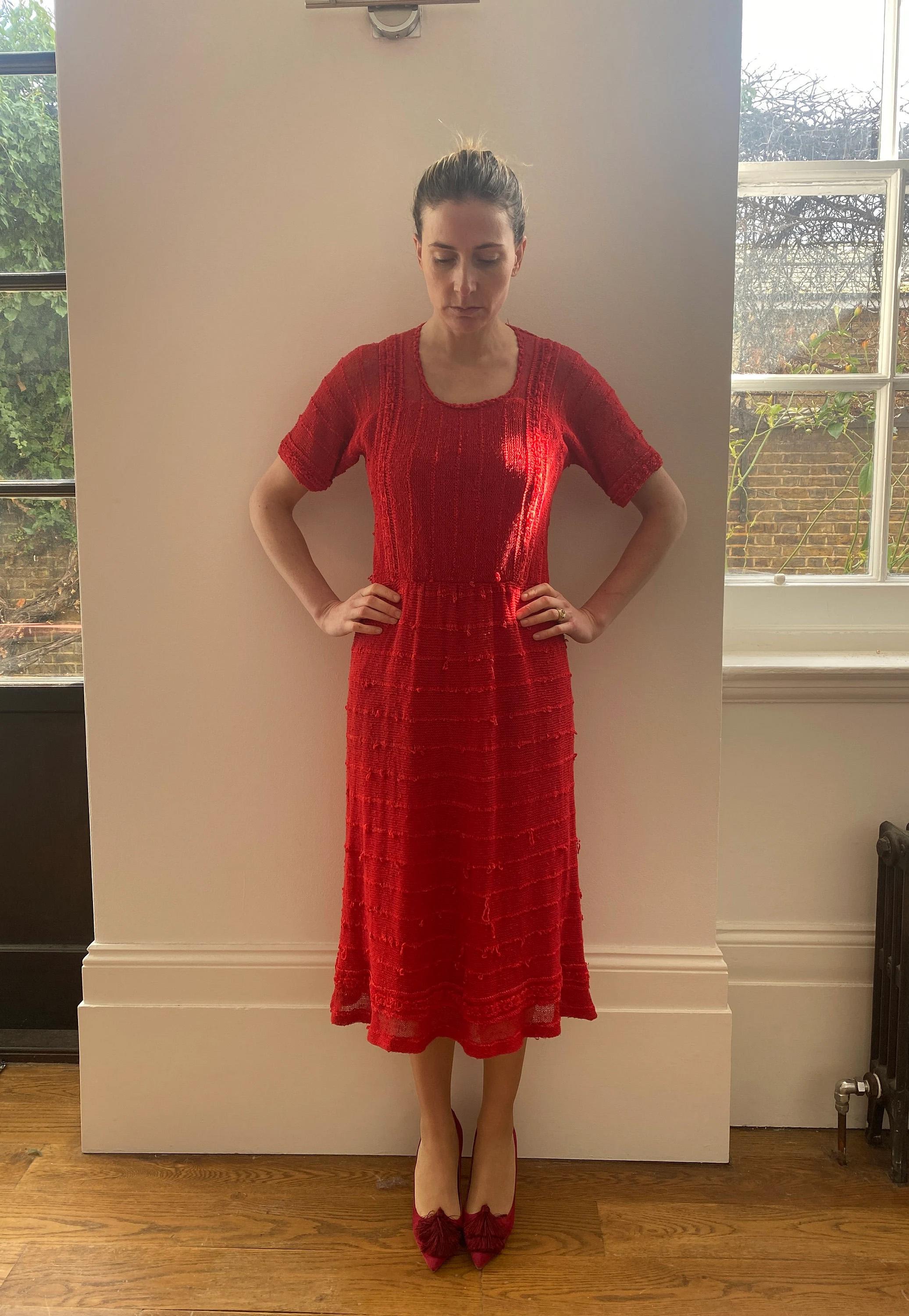 1970s French Crochet and Chenille Red Knit Dress For Sale 4