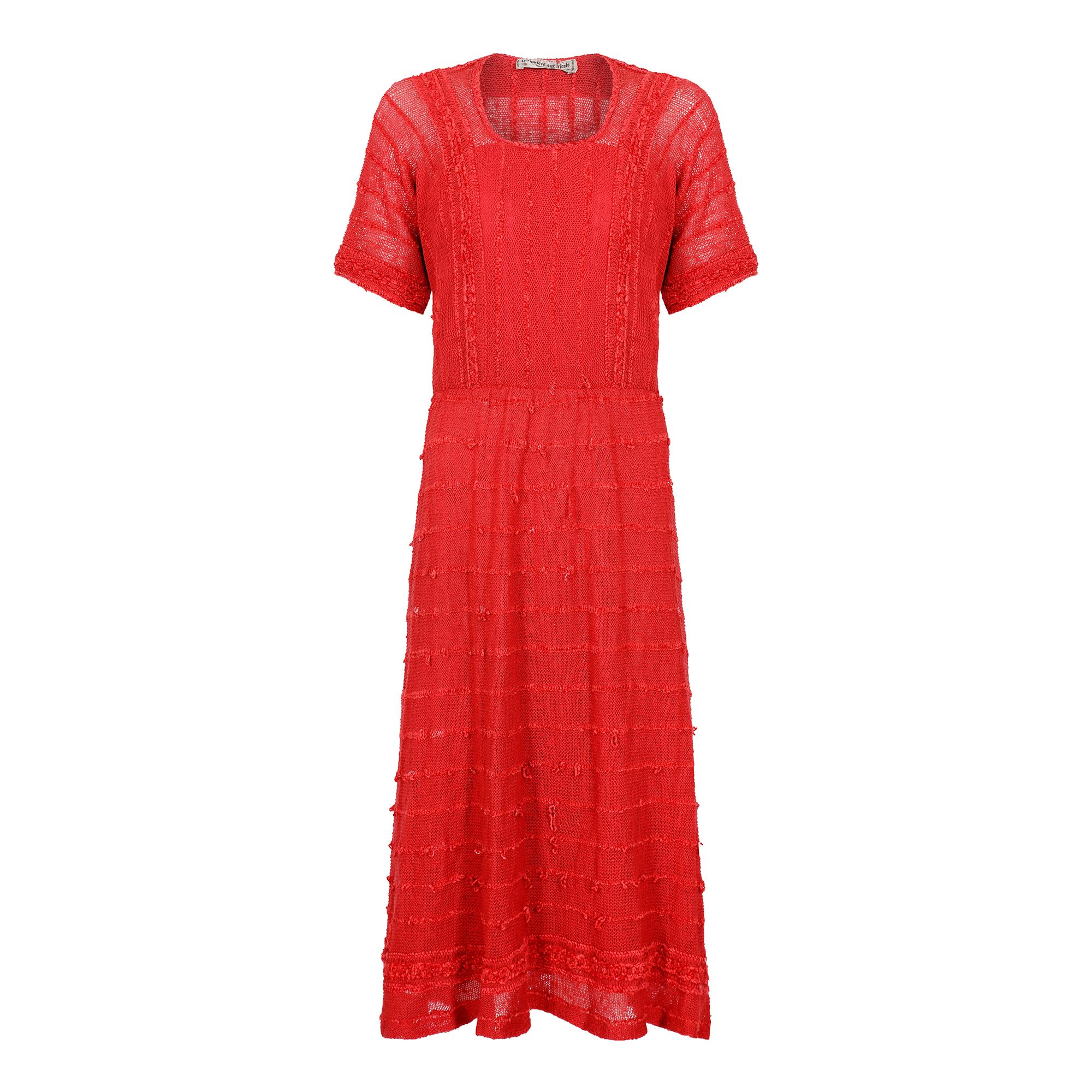 1970s French Crochet and Chenille Red Knit Dress For Sale