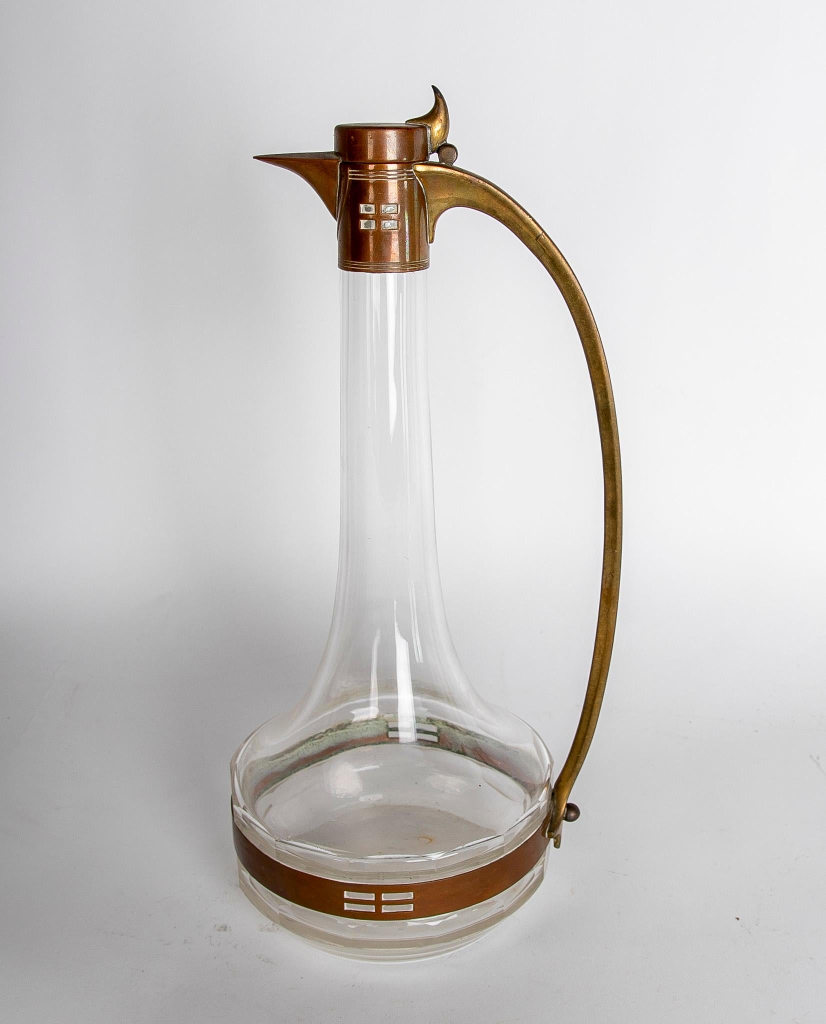 20th Century 1970s French Crystal Decanter with Brass Handle and Funnel For Sale