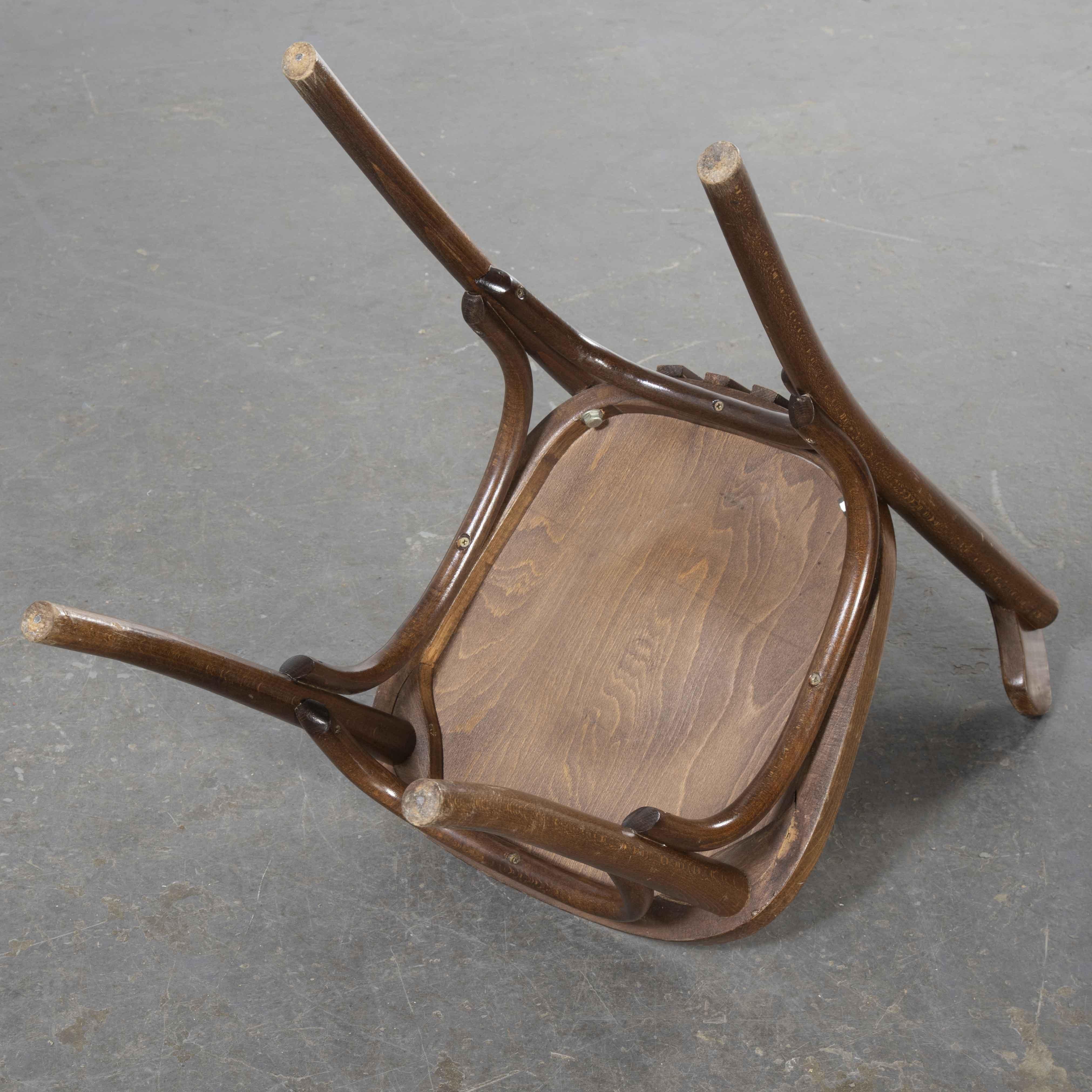 1970’s French dark oak bentwood dining chairs – various quantities available

1970’s French dark oak bentwood dining chairs – various quantities available. We are not sure of the maker but suspect they are by the French manufacturer Fischel. Great
