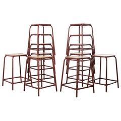 1970's French Dark Red Laboratory Stools, Set of Twelve