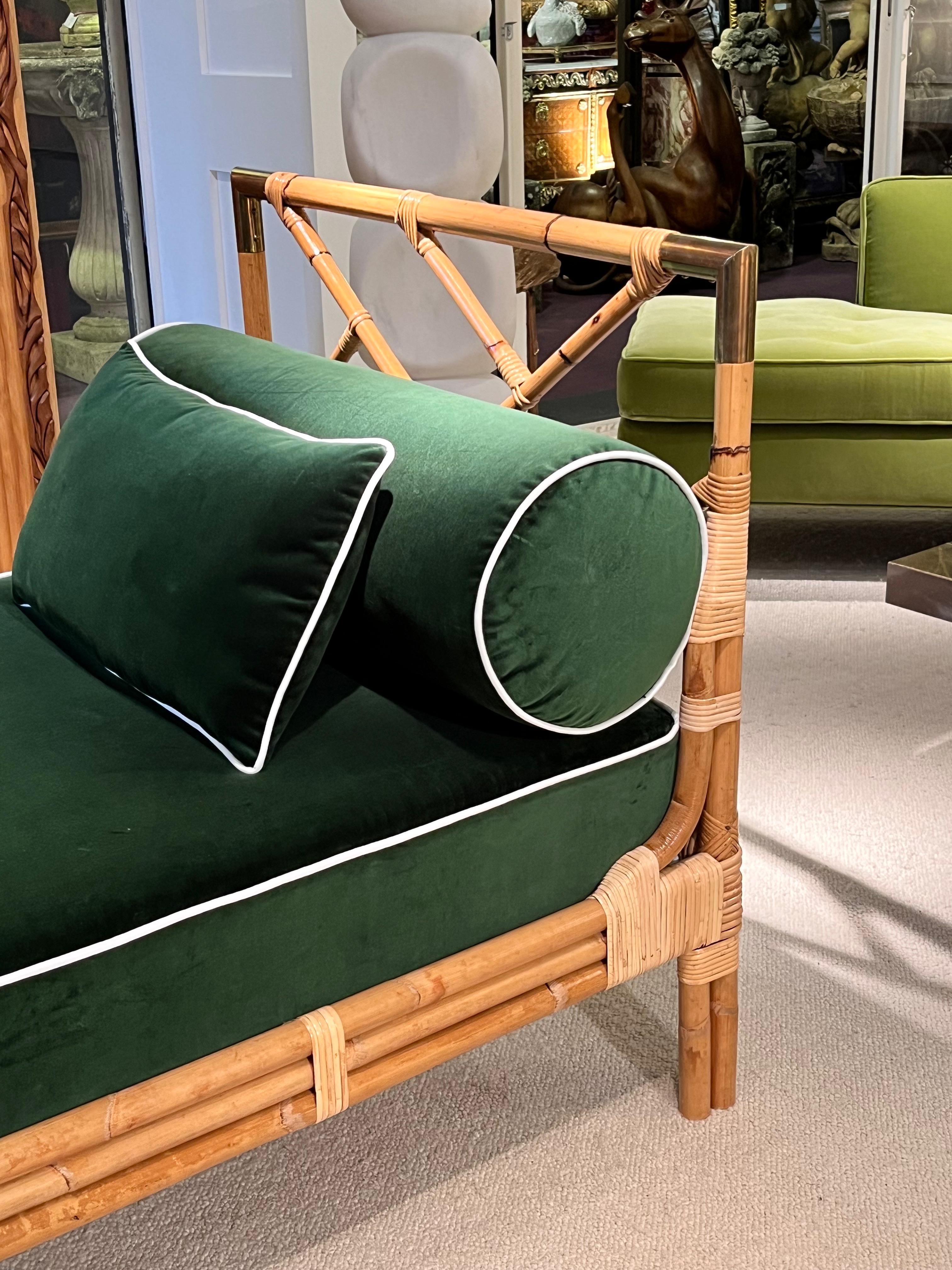 1970s French Daybed: Bamboo, Brass, and Green Velvet Fabric For Sale 5