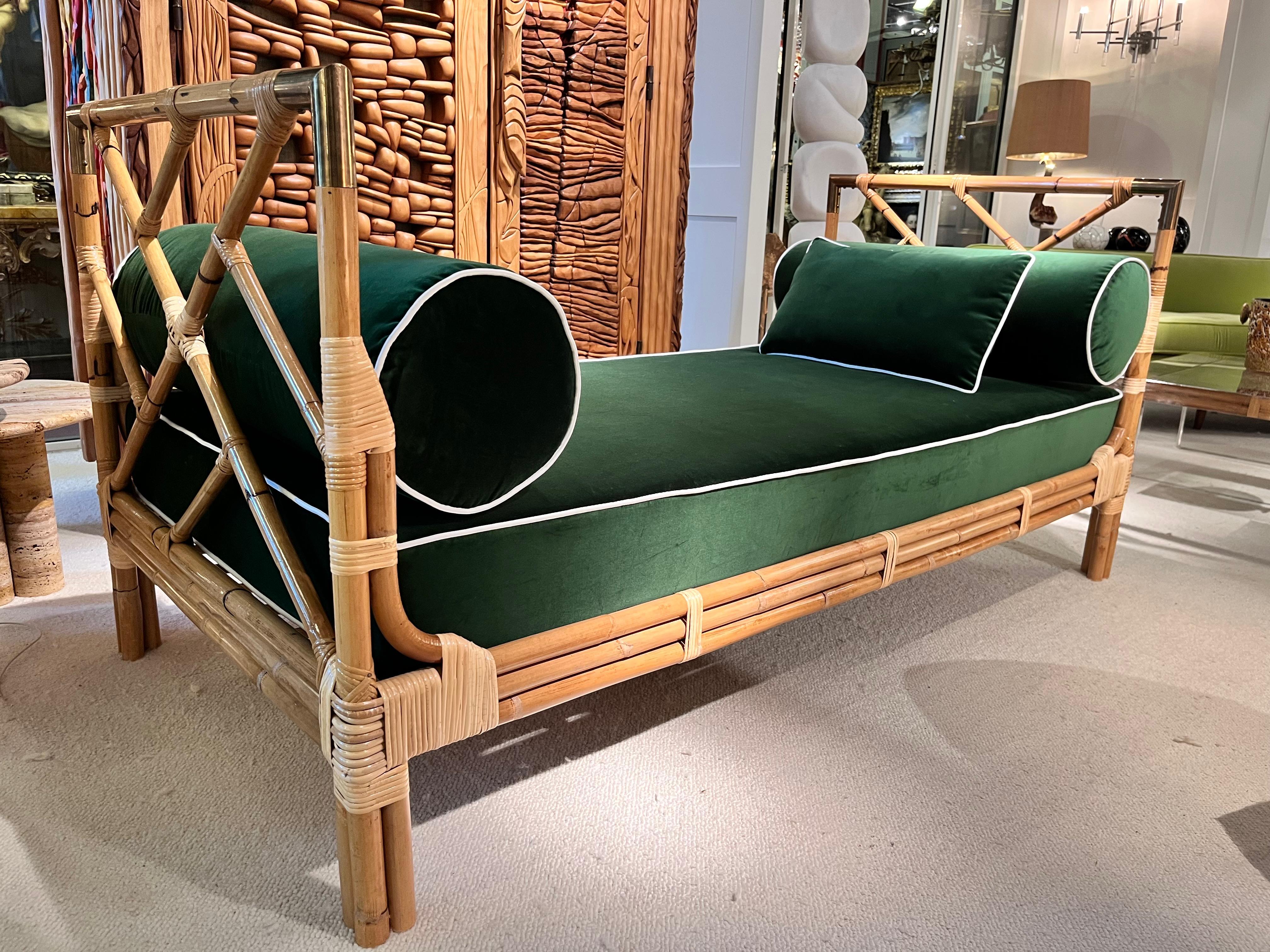 1970s French Daybed: Bamboo, Brass, and Green Velvet Fabric For Sale 6