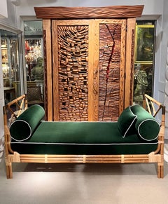 1970s French Daybed: Bamboo, Brass, and Green Velvet Fabric