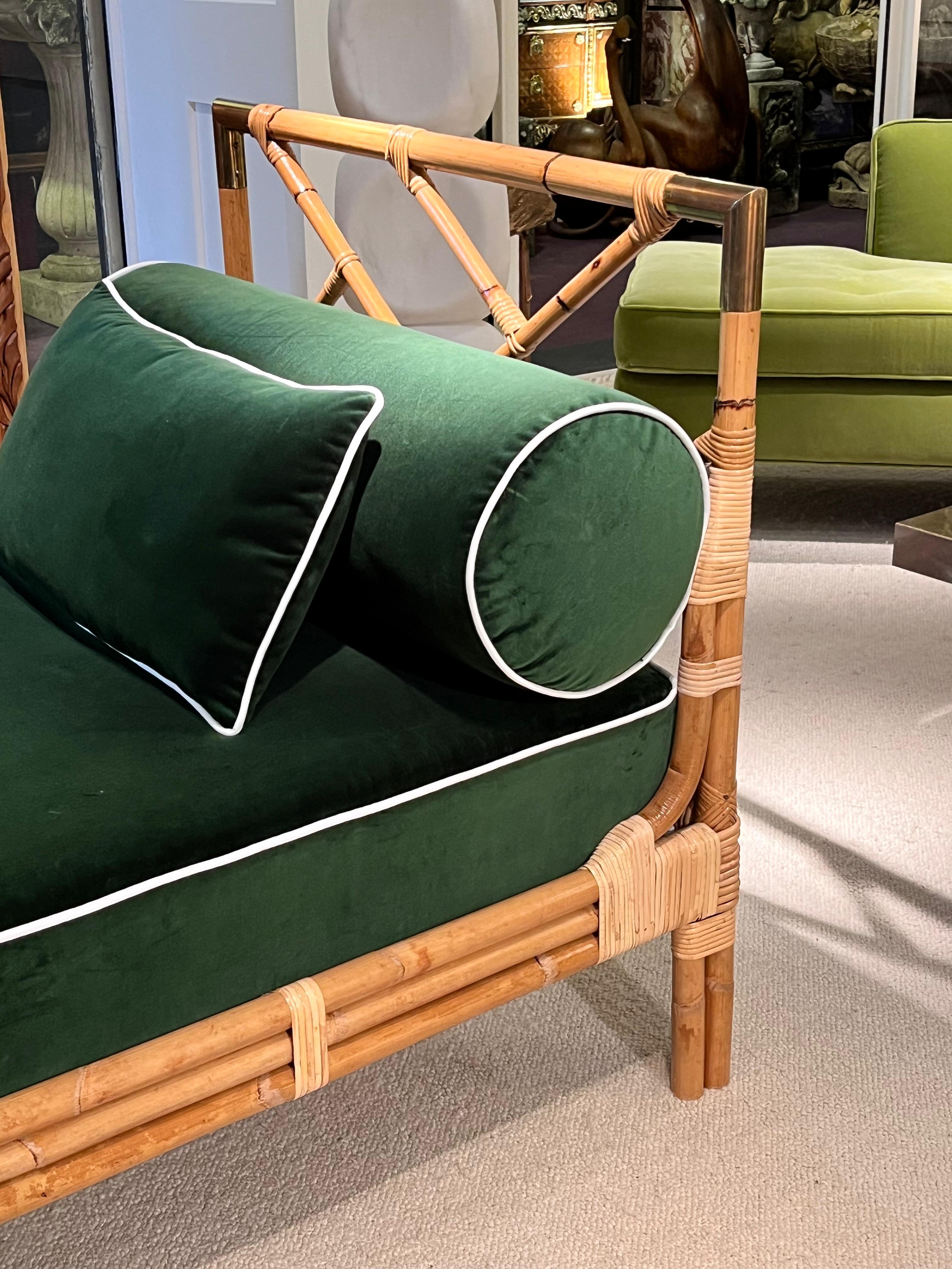 Late 20th Century 1970s French Daybed: Bamboo, Brass, and Green Velvet Fabric For Sale