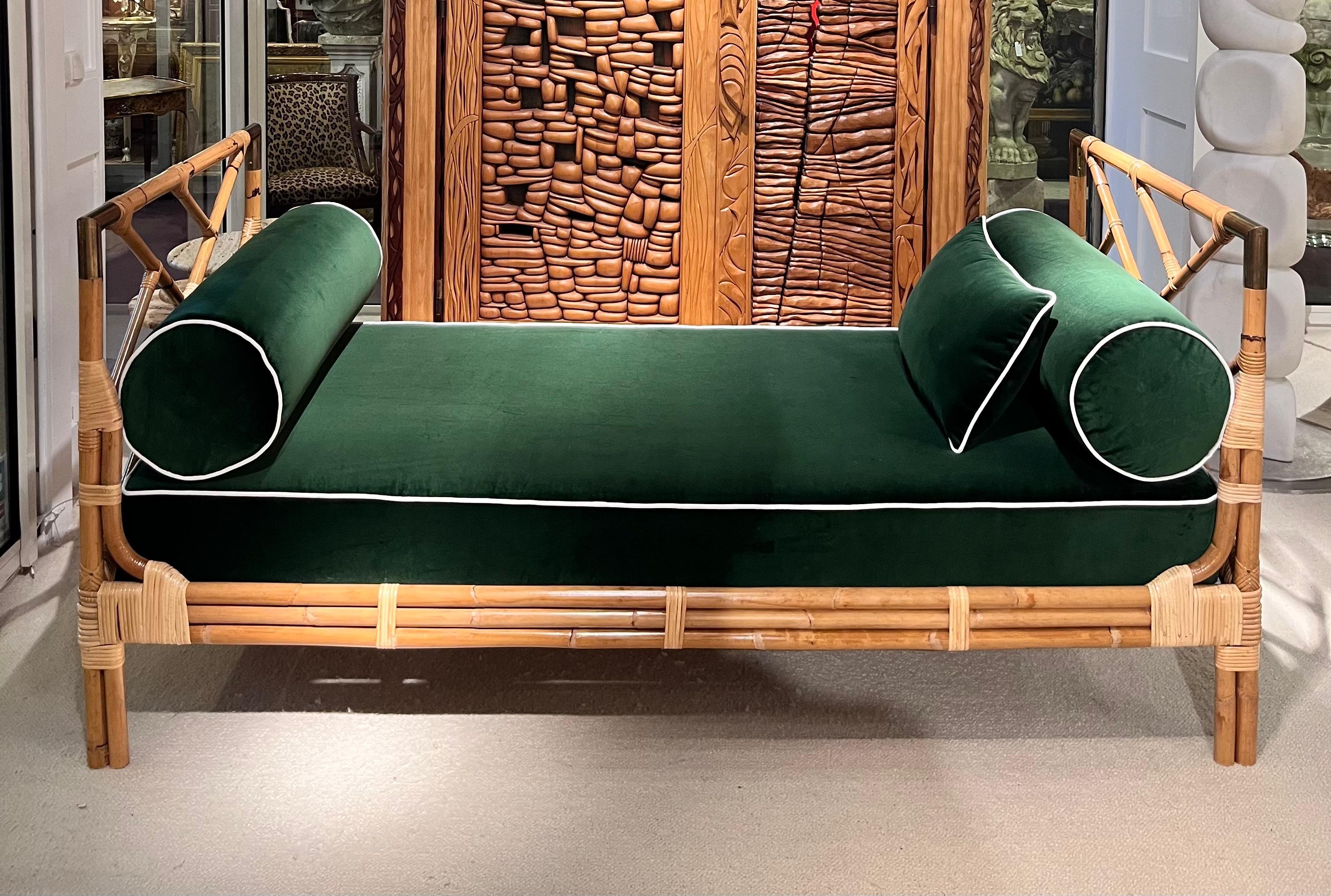 1970s French Daybed: Bamboo, Brass, and Green Velvet Fabric For Sale 2