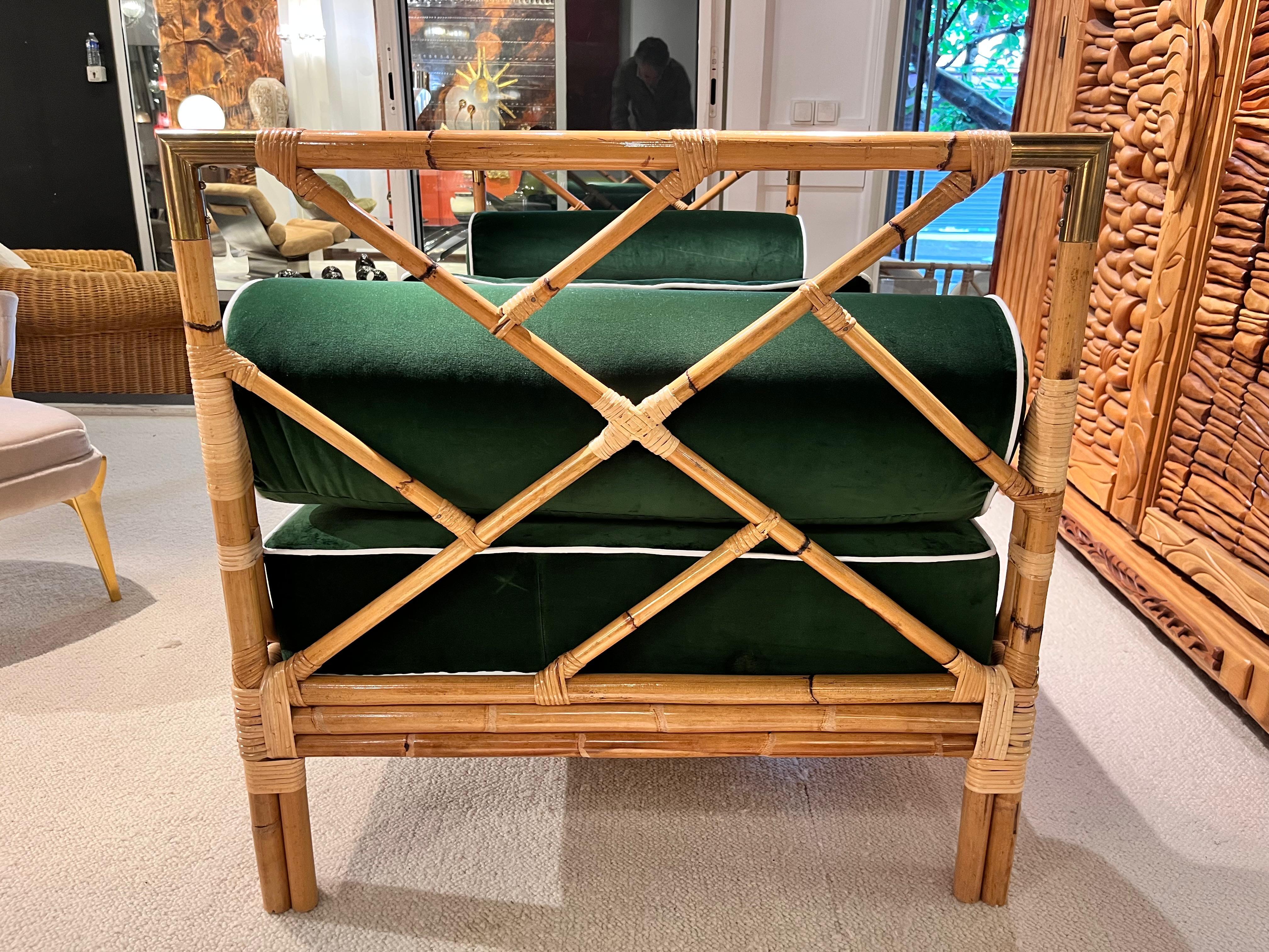 1970s French Daybed: Bamboo, Brass, and Green Velvet Fabric For Sale 4
