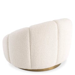 1970 French Design Style Bouclé Fabric and Brass Swivel Armchair with Ottoman (Fauteuil pivotant en tissu et laiton)