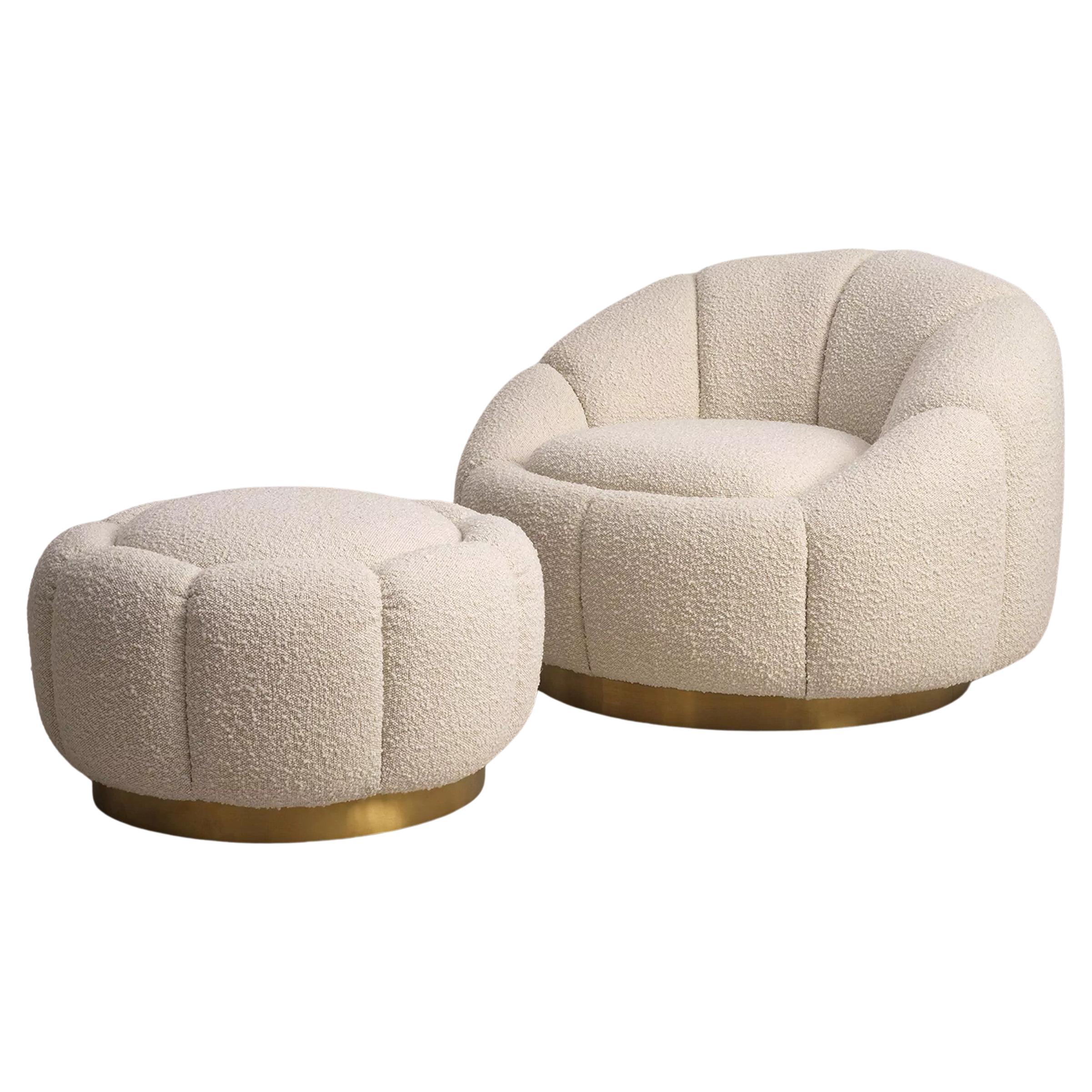 1970s French Design Style Bouclé Fabric and Brass Swivel Armchair with Ottoman For Sale