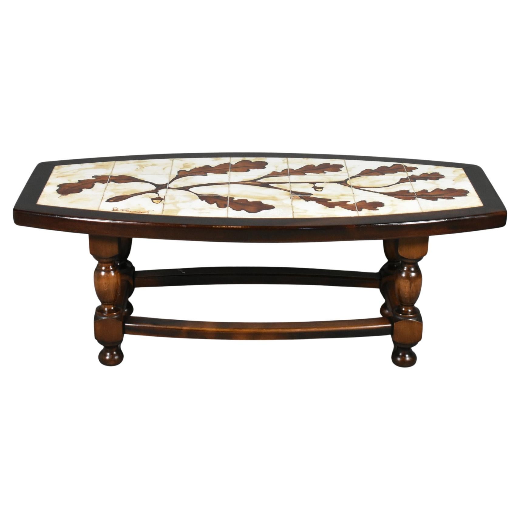 1970s French Designer Coffee Table with Tiled Signed Top For Sale