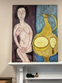 1970'S HUGE FRENCH EXPRESSIONIST SIGNED OIL - NUDE LADY STILL LIFE COMPOSITION