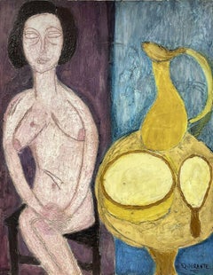 1970'S HUGE FRENCH EXPRESSIONIST SIGNED OIL - NUDE LADY STILL LIFE COMPOSITION