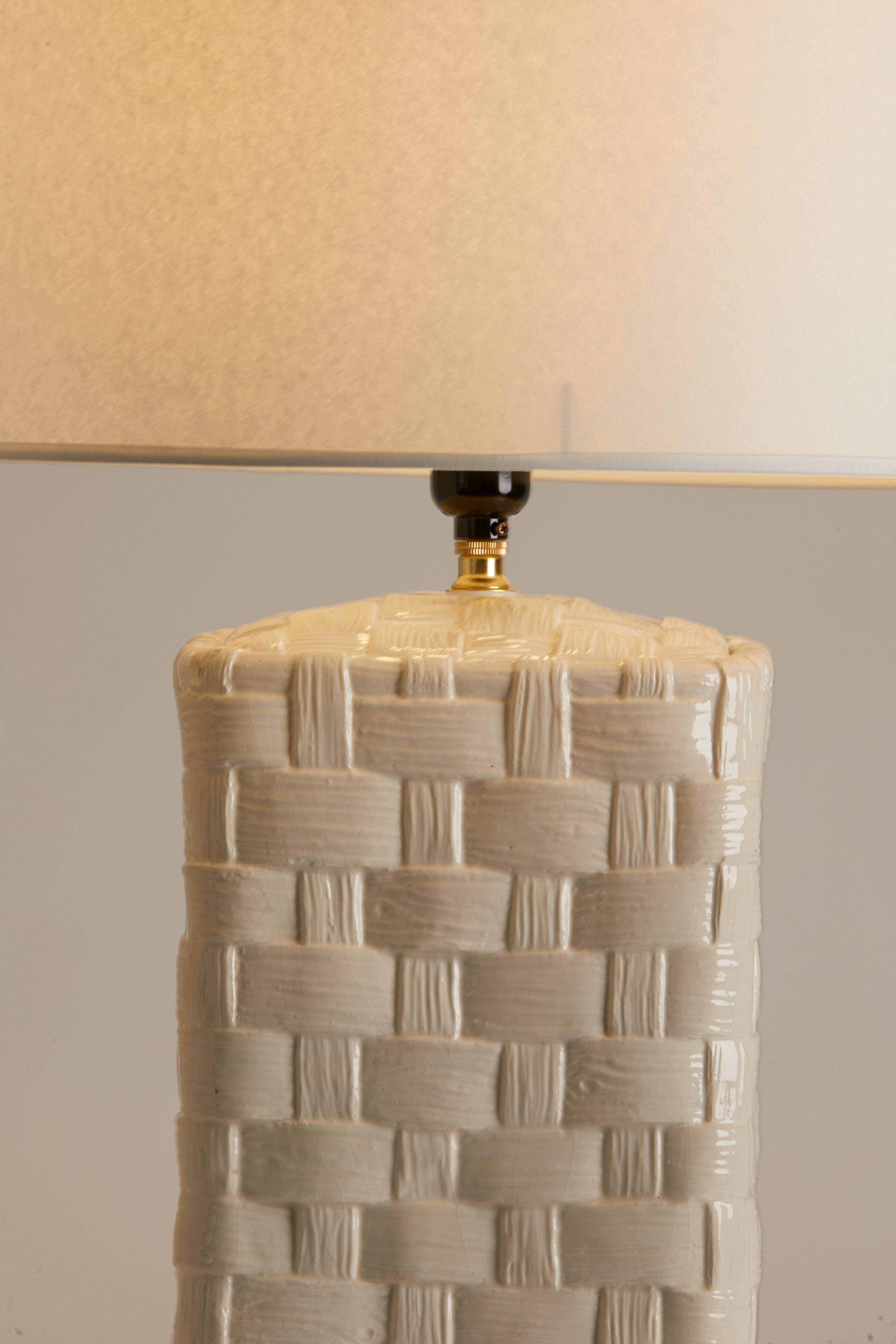 1970s French Faux Basket Weave White Ceramic Lamp For Sale 1