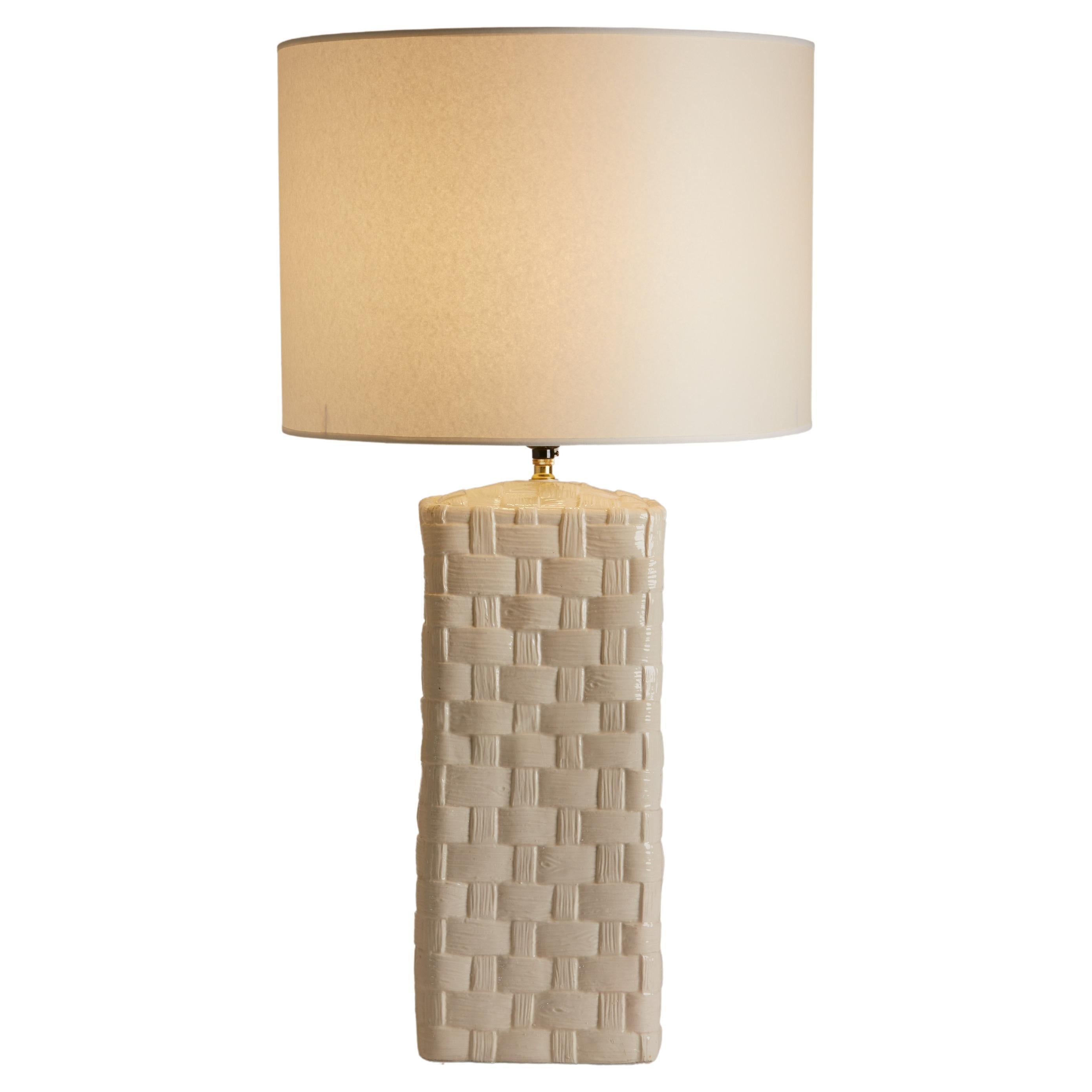 1970s French Faux Basket Weave White Ceramic Lamp For Sale