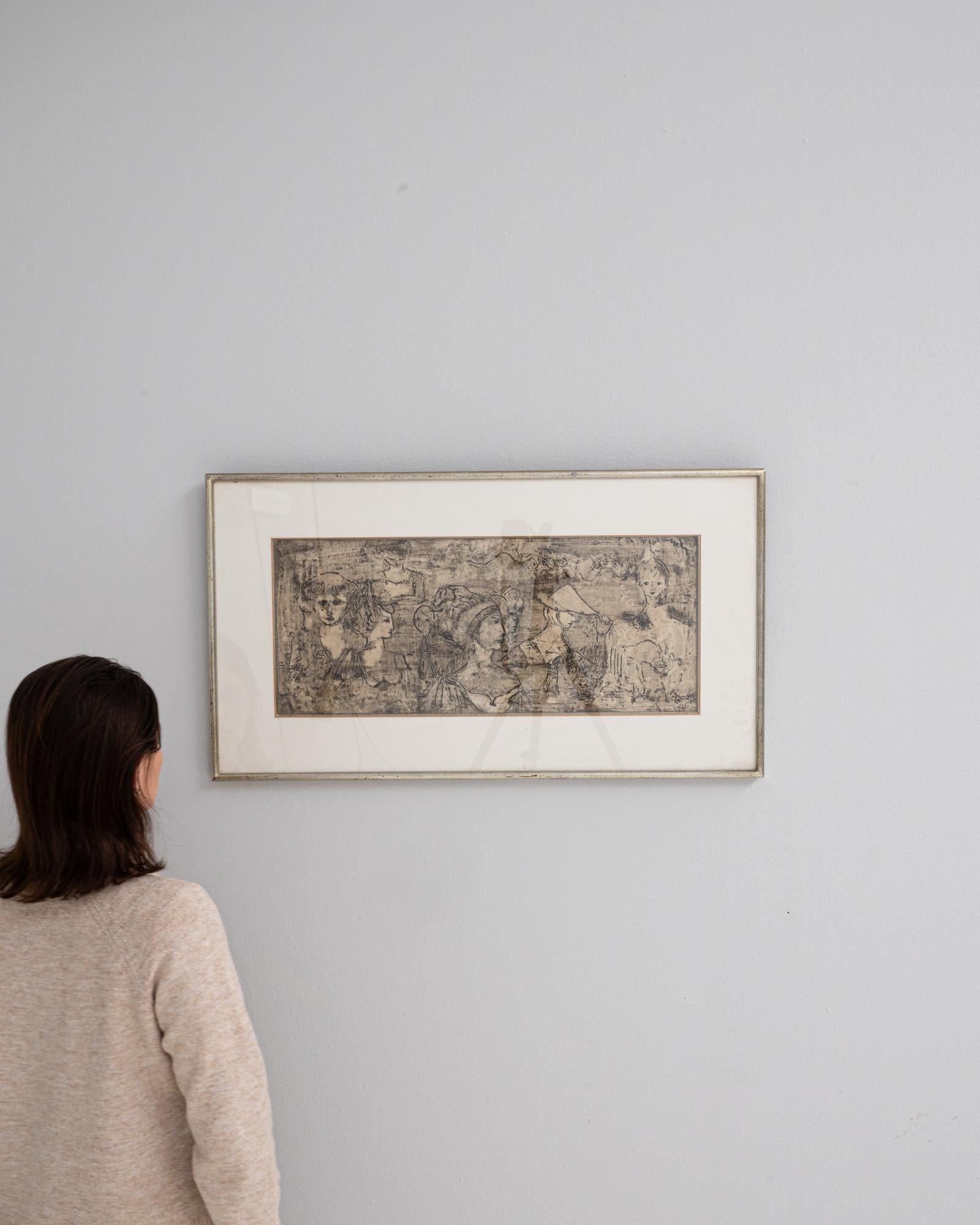 Este dibujo surrealista francés a tinta de la década de 1970 presenta un atractivo conjunto de rostros y figuras superpuestos, representados con expresivas líneas negras. La composición desprende una cualidad onírica e introspectiva, con una