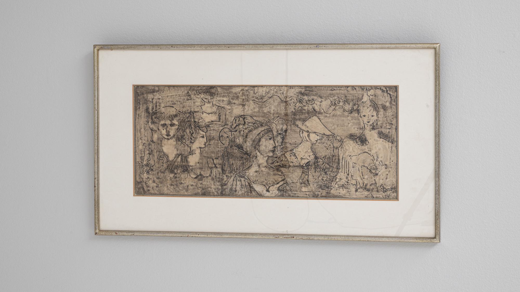 Cuadro figurativo francés de los años 70 con marco de madera Madera en venta