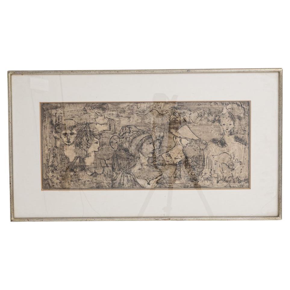 Quadro figurativo francese degli anni '70 con cornice in legno