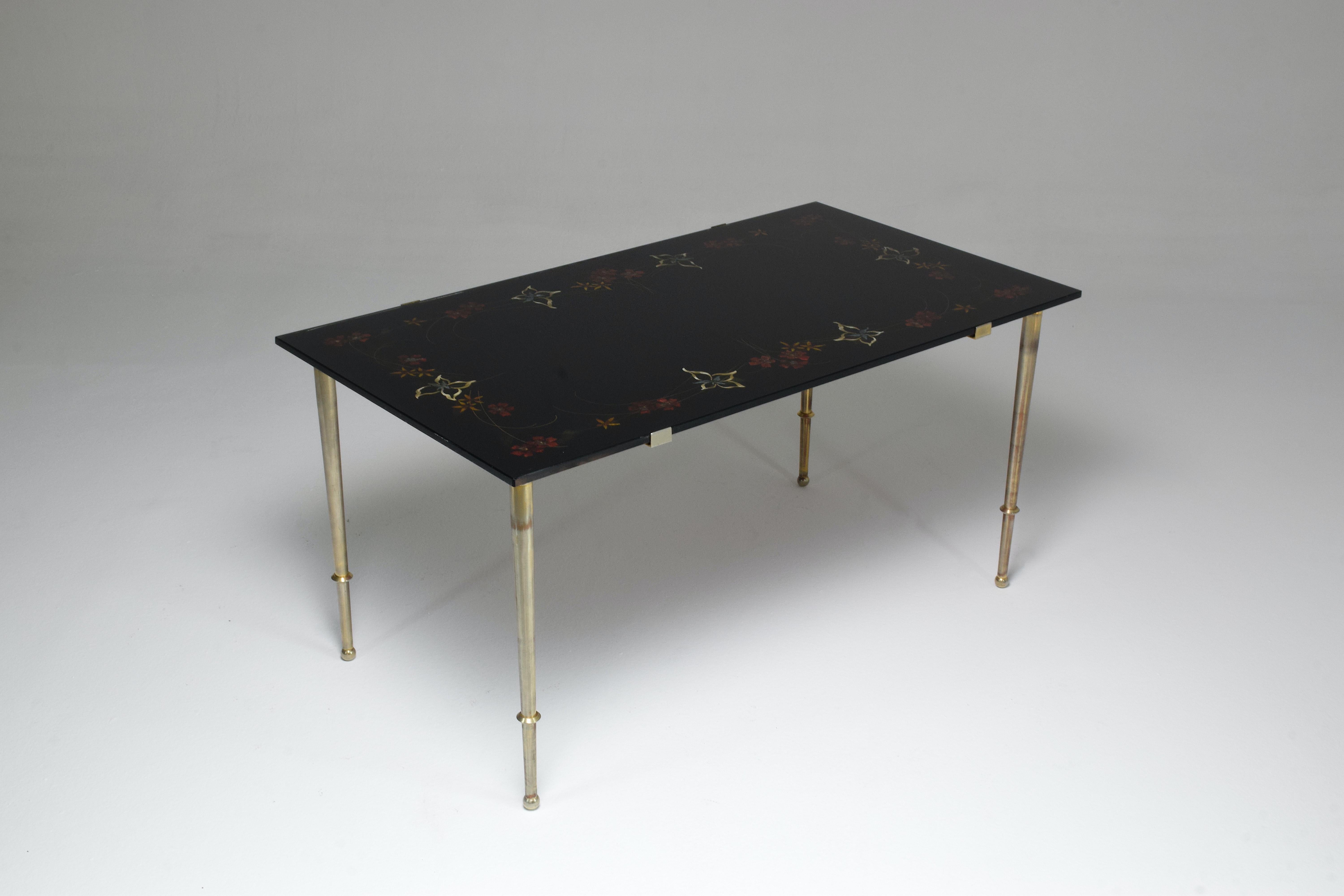 1970's French Floral Glass Hand-Painted Coffee Table In Good Condition For Sale In Paris, FR