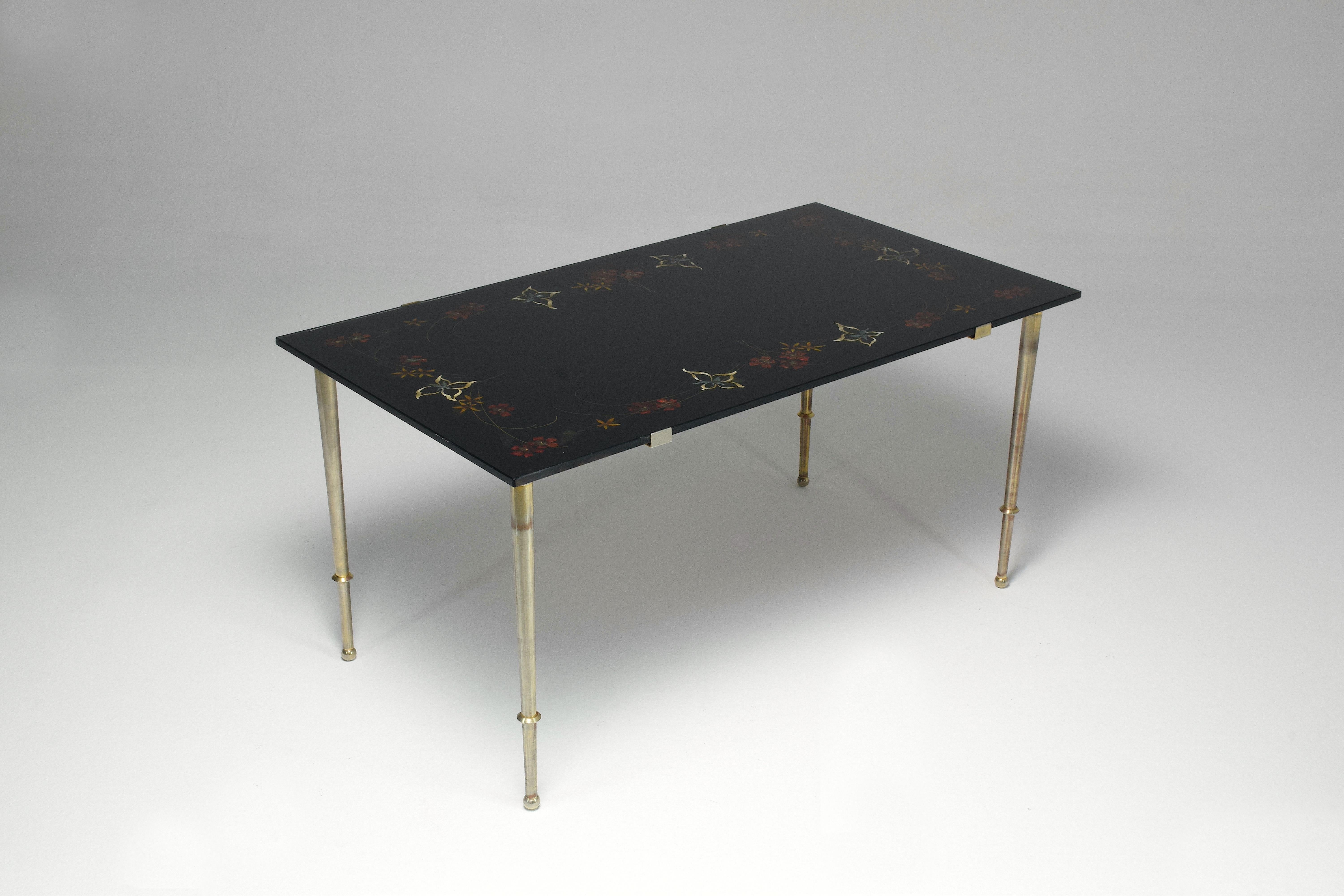 20th Century 1970's French Floral Glass Hand-Painted Coffee Table For Sale