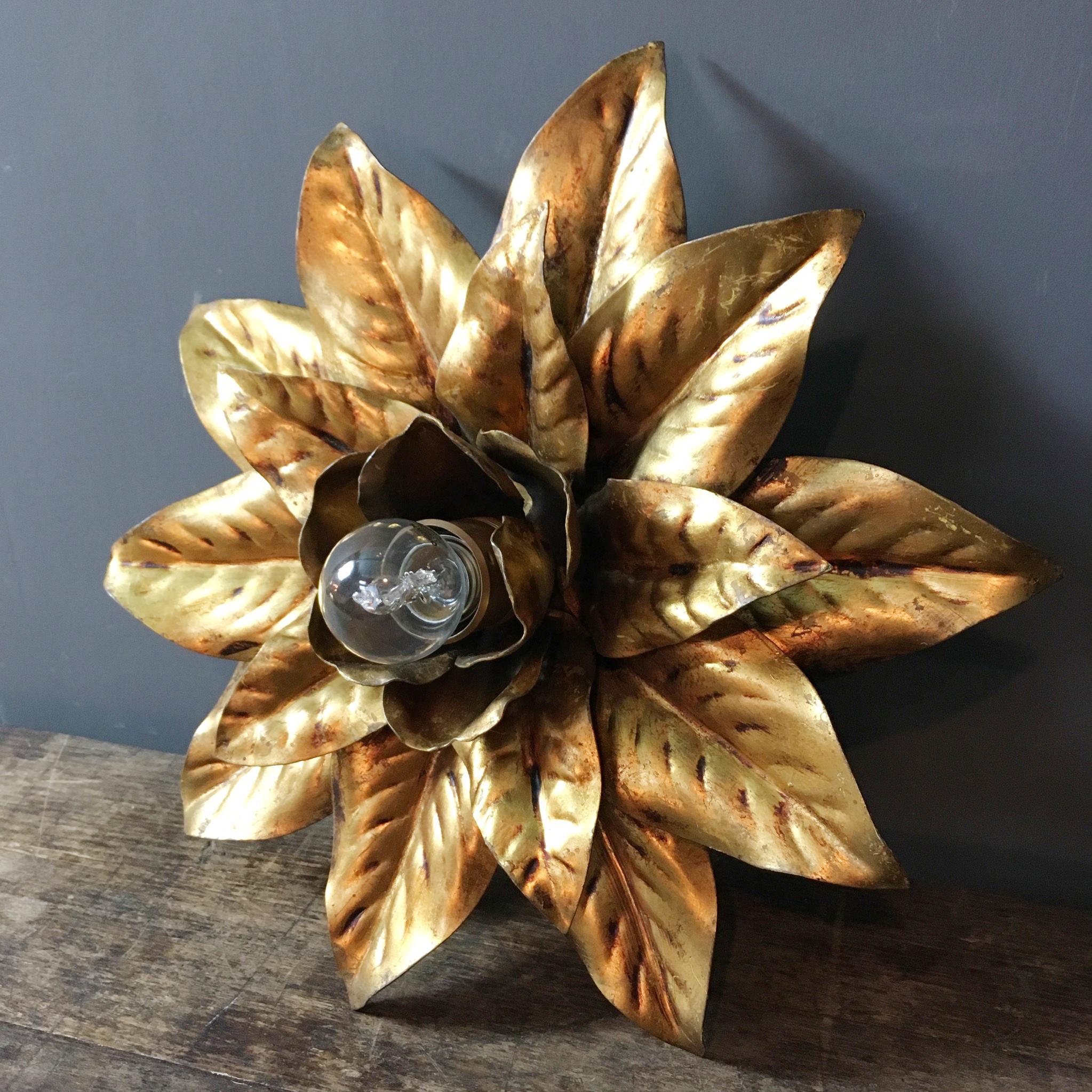 Hollywood Regency 1970s French Gilt Flower Flush Light