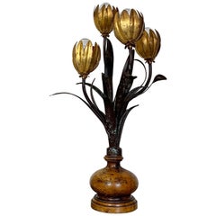 1970’s, French Gilt Flower Lamp With Turned Base